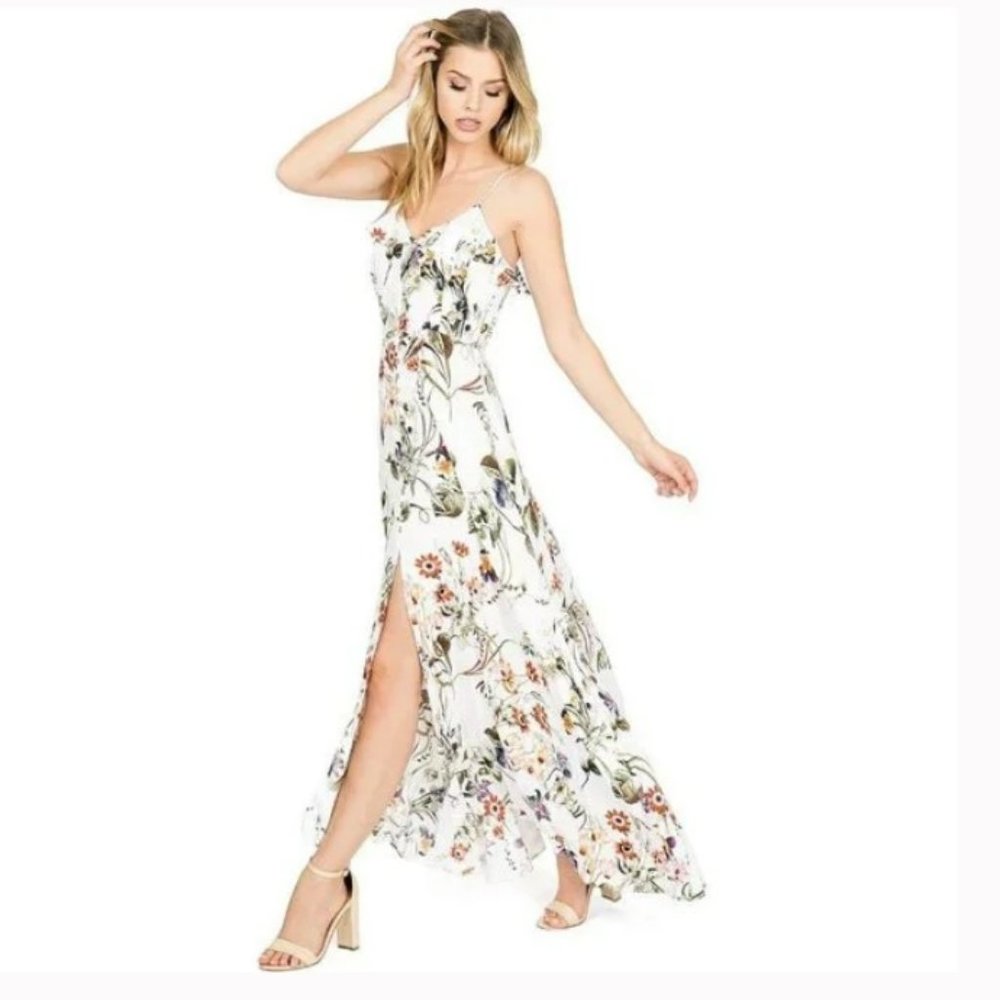 Lulu's White Floral Ruffle Maxi Dress Sz S